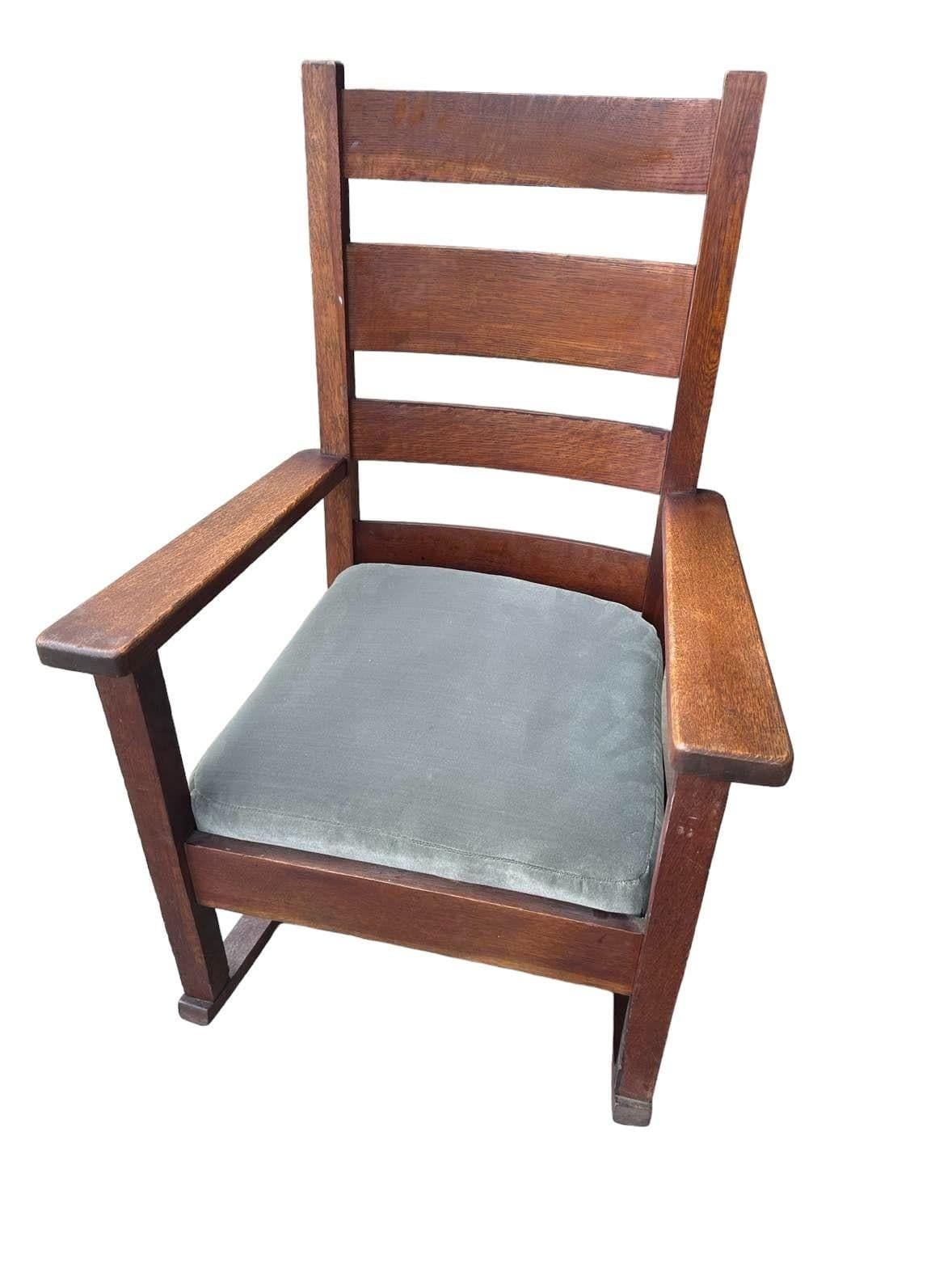 Antique Stickley Grand Rapids Quaint Furniture Mission Oak Rocking Chair With New Mohair Seat Upholstery - Thumbnail 3