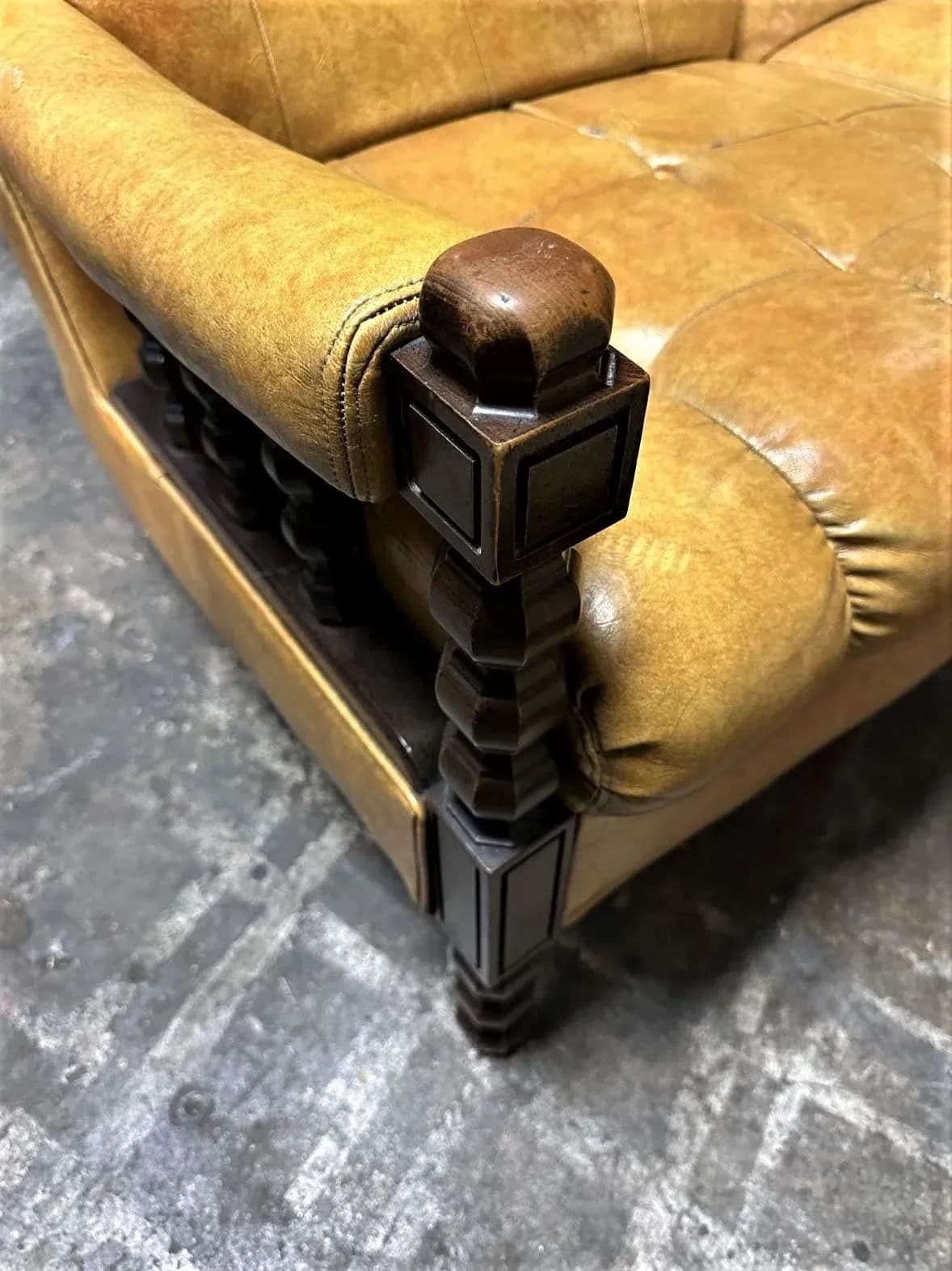 Mustard Yellow Vinyl Mid Century Spanish Revival Settee - Thumbnail 7