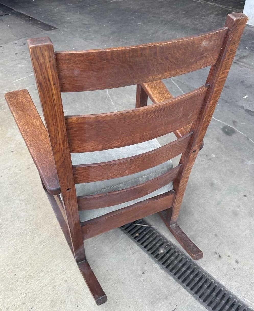 Antique Stickley Grand Rapids Quaint Furniture Mission Oak Rocking Chair With New Mohair Seat Upholstery - Thumbnail 7
