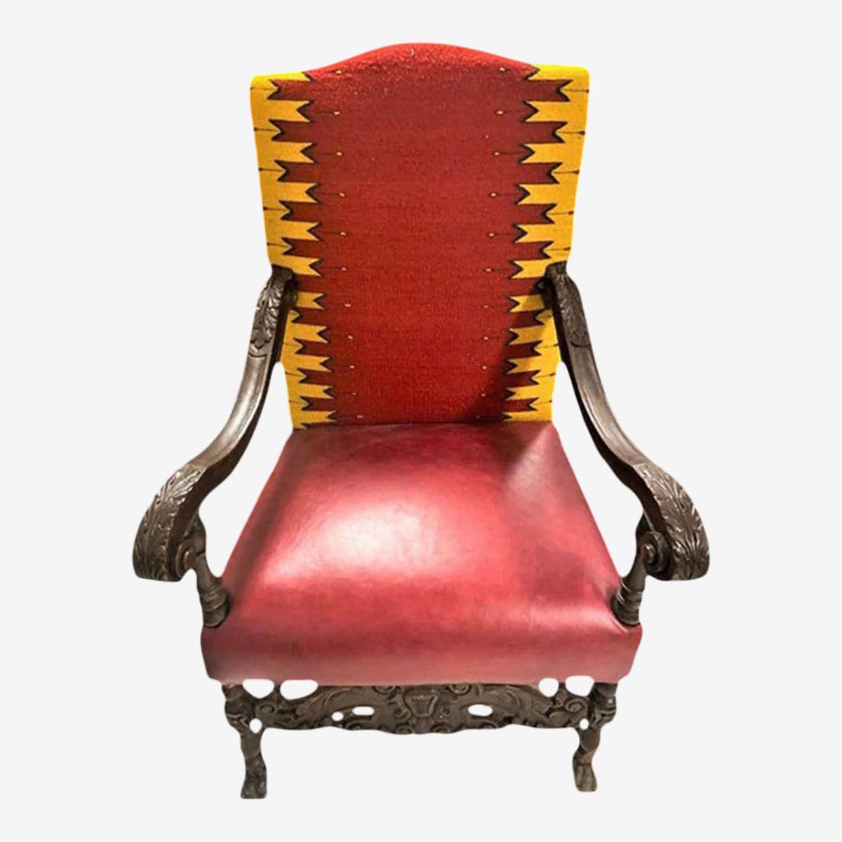 Antique Hacienda Throne Chair Reupholstered With Hand Loomed Oaxaca Tapestry and Leather - Image 1