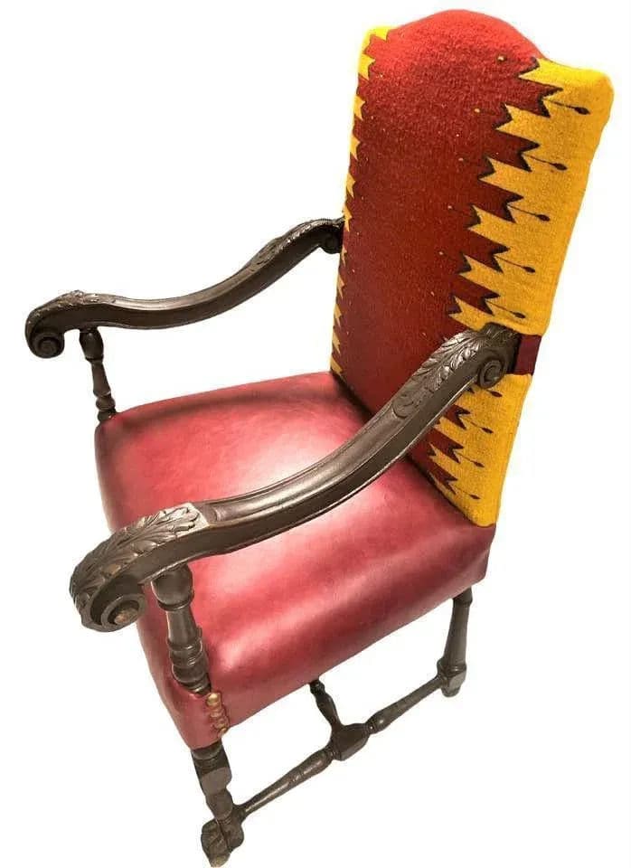 Antique Hacienda Throne Chair Reupholstered With Hand Loomed Oaxaca Tapestry and Leather - Thumbnail 3