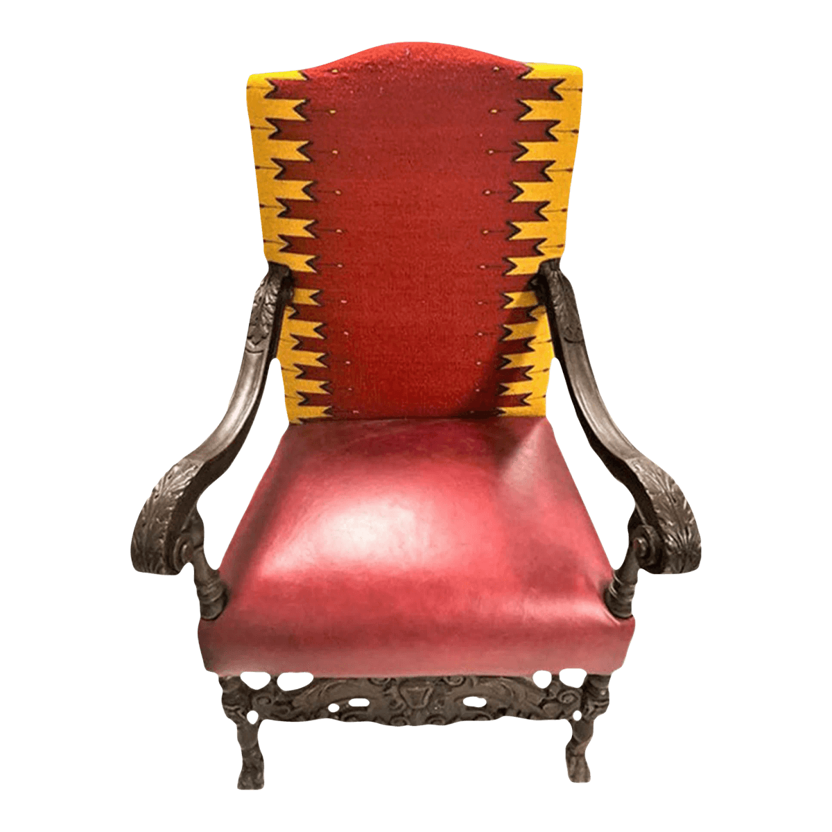 Antique Hacienda Throne Chair Reupholstered With Hand Loomed Oaxaca Tapestry and Leather - Thumbnail 2