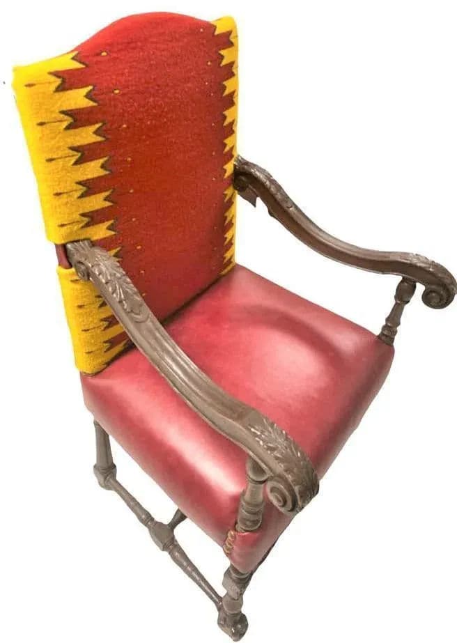 Antique Hacienda Throne Chair Reupholstered With Hand Loomed Oaxaca Tapestry and Leather - Thumbnail 8