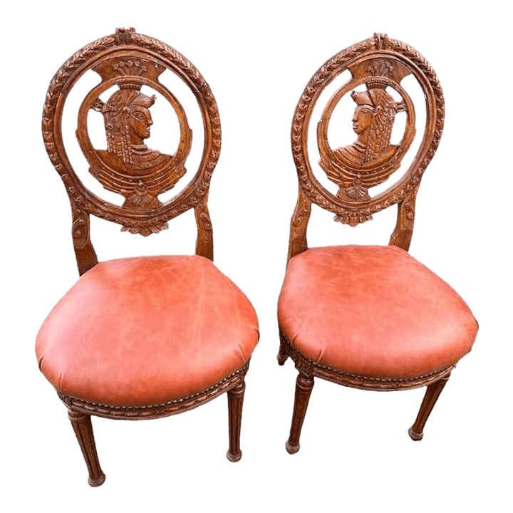 Louis XVI Carved Oak French Accent Chairs With New Caramel Colored Leather Seats - a Pair - Thumbnail 2