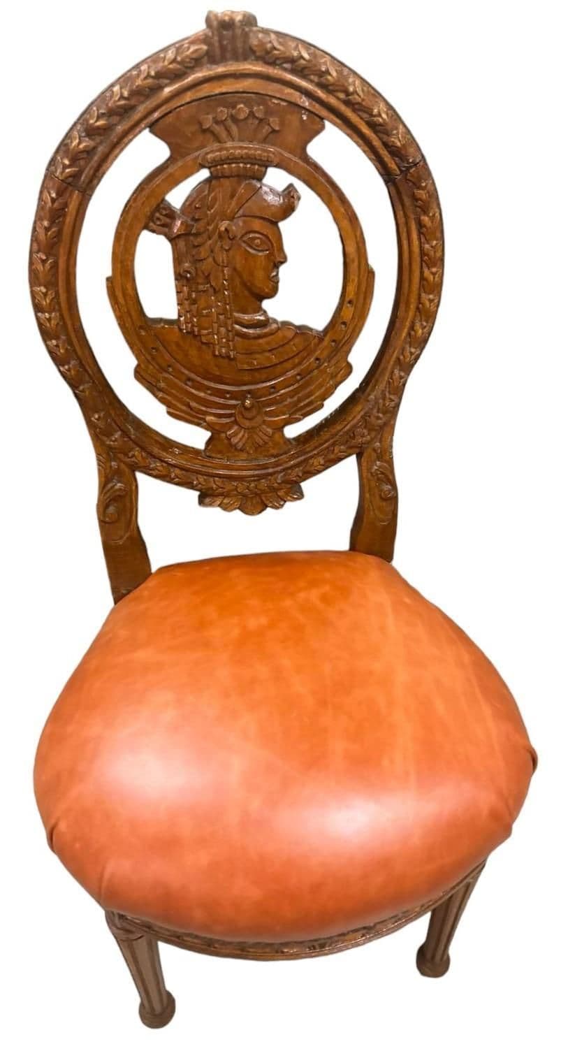 Louis XVI Carved Oak French Accent Chairs With New Caramel Colored Leather Seats - a Pair - Thumbnail 6