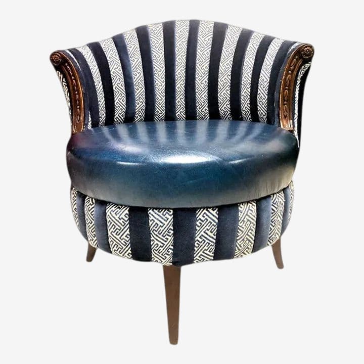 Mid 20th Century Round Accent Chair Reupholstered With Blue Velvet and Greek Key Fabric - Image 1
