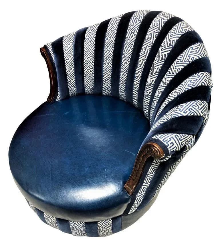 Mid 20th Century Round Accent Chair Reupholstered With Blue Velvet and Greek Key Fabric - Thumbnail 5