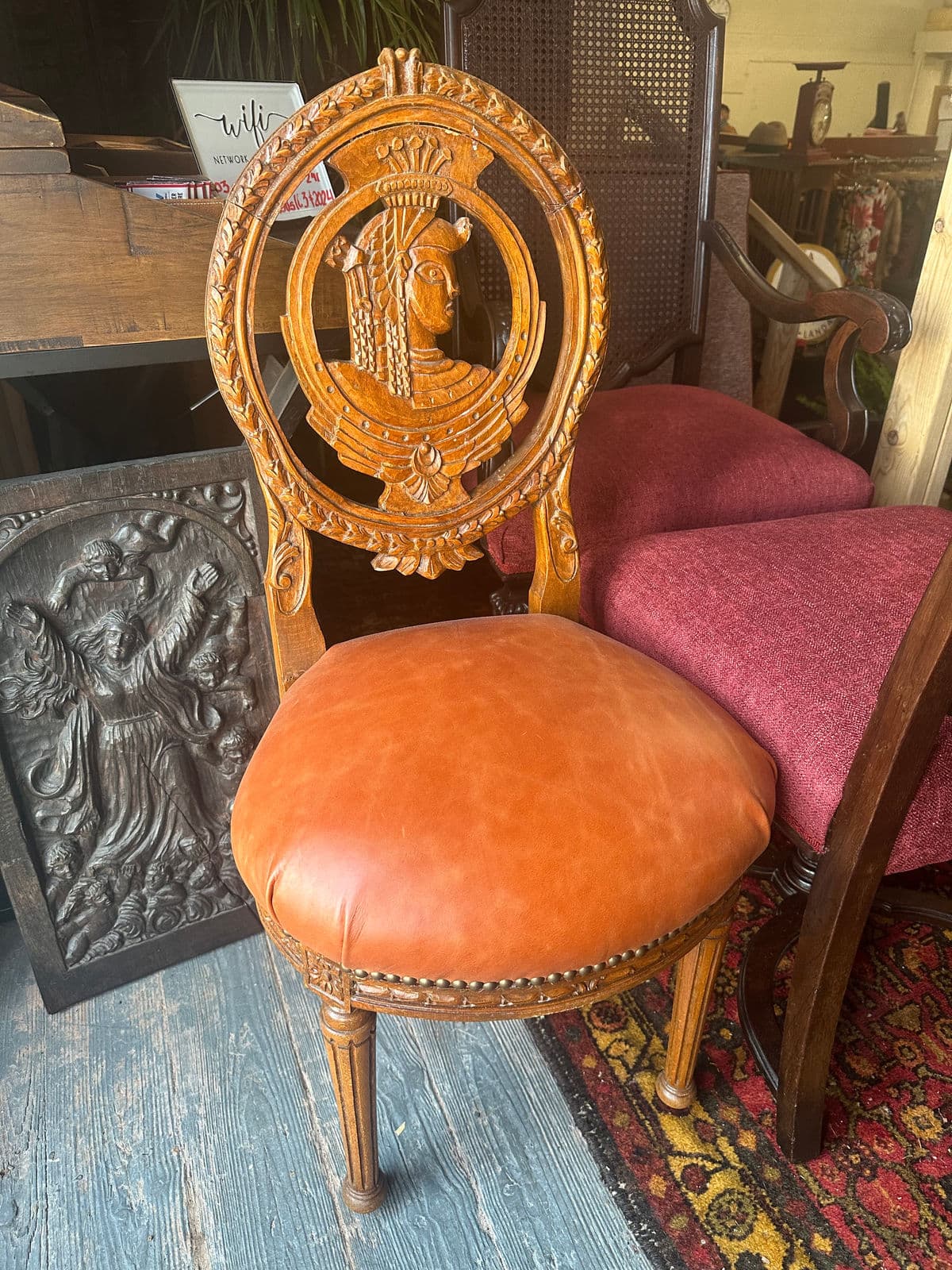 Louis XVI Carved Oak French Accent Chairs With New Caramel Colored Leather Seats - a Pair - Thumbnail 10