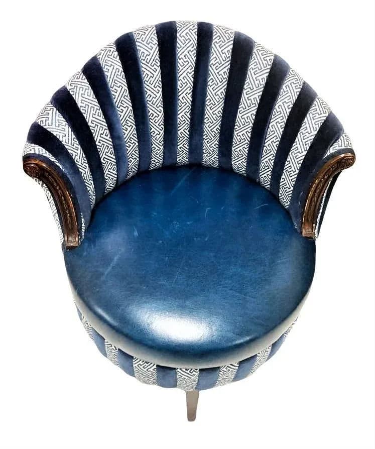 Mid 20th Century Round Accent Chair Reupholstered With Blue Velvet and Greek Key Fabric - Thumbnail 3