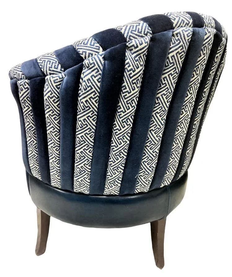 Mid 20th Century Round Accent Chair Reupholstered With Blue Velvet and Greek Key Fabric - Thumbnail 6