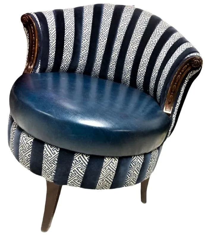 Mid 20th Century Round Accent Chair Reupholstered With Blue Velvet and Greek Key Fabric - Thumbnail 8