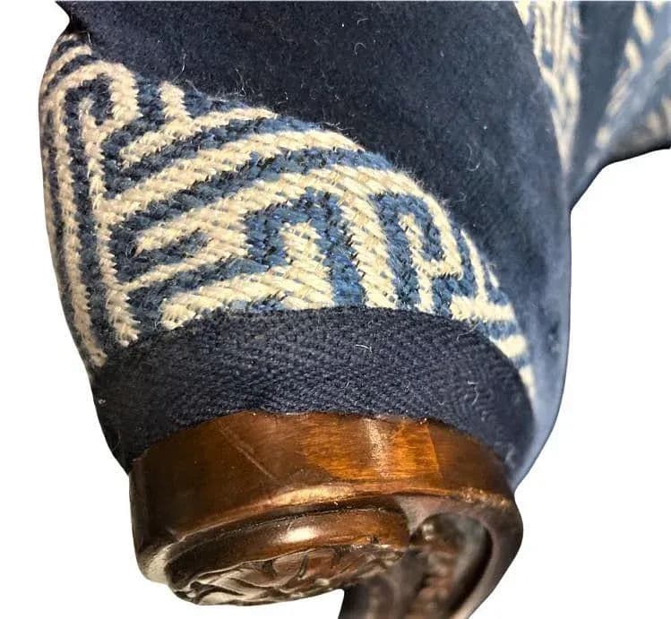 Mid 20th Century Round Accent Chair Reupholstered With Blue Velvet and Greek Key Fabric - Thumbnail 7