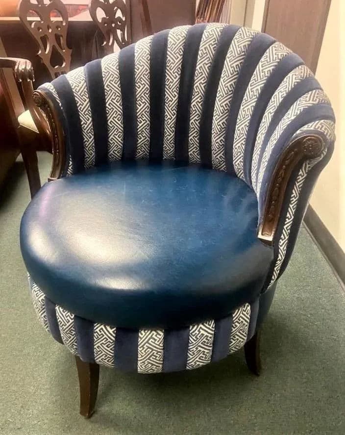 Mid 20th Century Round Accent Chair Reupholstered With Blue Velvet and Greek Key Fabric - Thumbnail 9