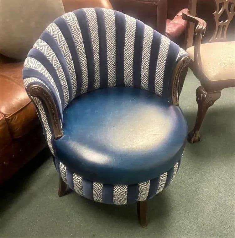 Mid 20th Century Round Accent Chair Reupholstered With Blue Velvet and Greek Key Fabric - Thumbnail 11