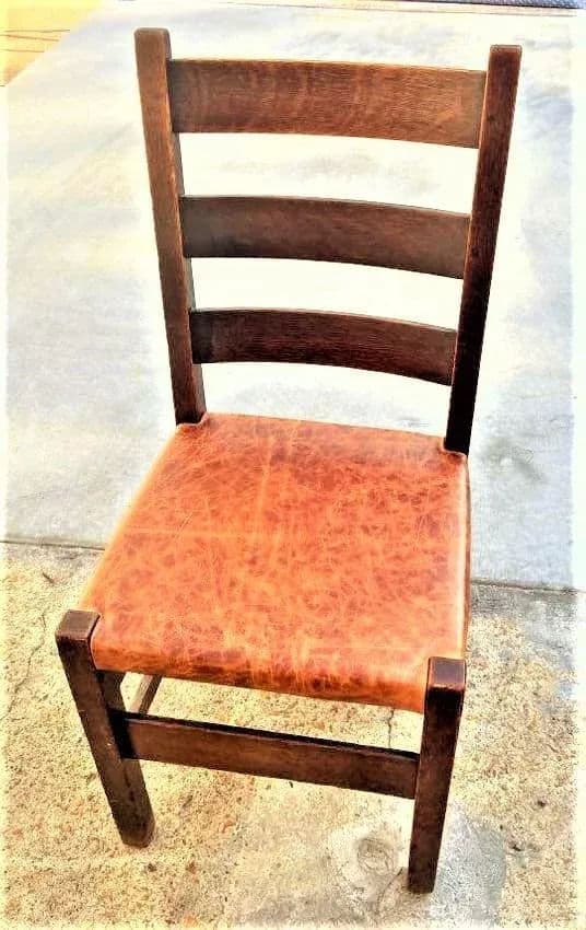 Signed Gustav Stickley Quarter Sawn Mission Oak Chair With New Leather Seat Cover - Early 20th Century - Thumbnail 9