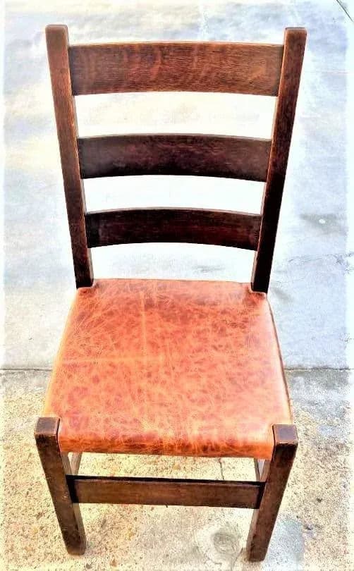 Signed Gustav Stickley Quarter Sawn Mission Oak Chair With New Leather Seat Cover - Early 20th Century - Thumbnail 11