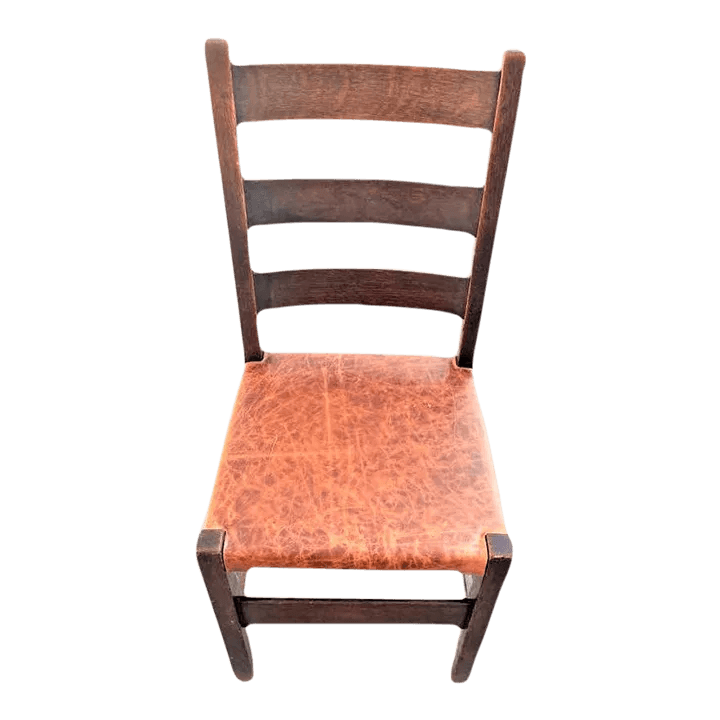 Signed Gustav Stickley Quarter Sawn Mission Oak Chair With New Leather Seat Cover - Early 20th Century - Thumbnail 14