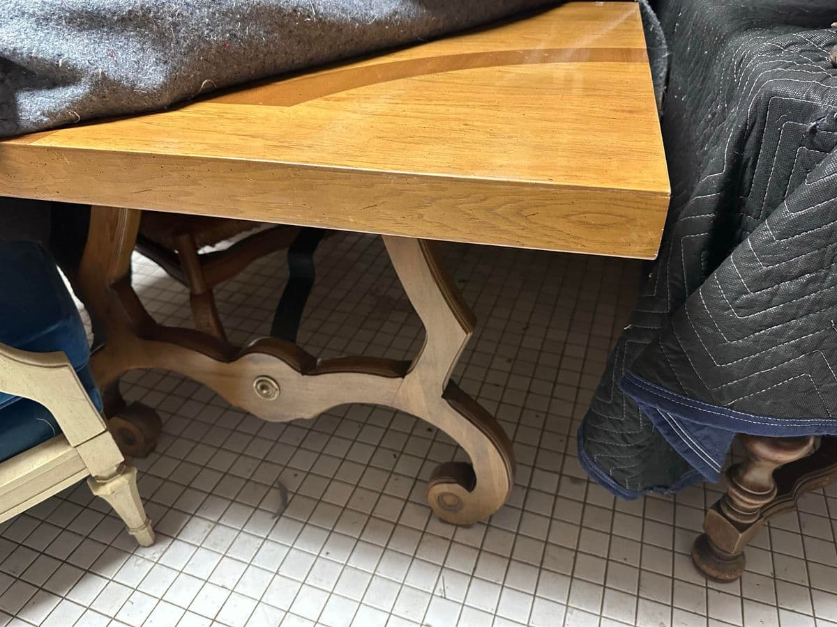 Thomasville Spanish Style Pecan Lyre Leg Dining Table Extending to 104” - Made in 1964 - Thumbnail 10