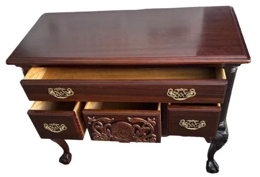 Solid Mahogany Carved Philadelphia Chippendale Lowboy - Vintage Late 20th Century - Thumbnail 8