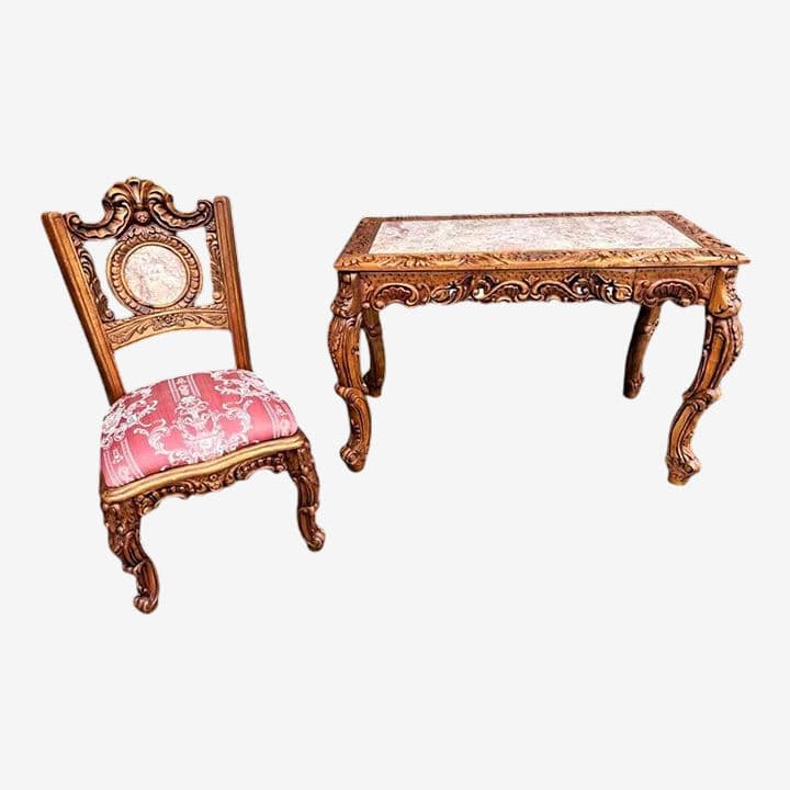 Spanish Baroque Style Heavily Carved Desk and Chair Set With Marble Inserts - Circa 1990 - Image 1