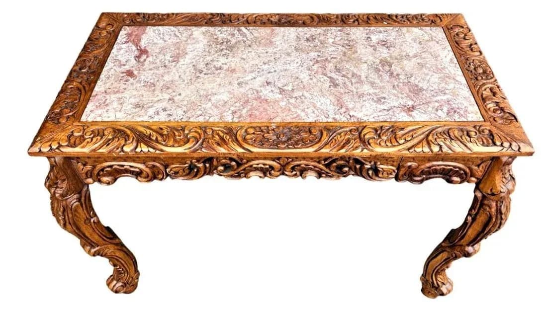 Spanish Baroque Style Heavily Carved Desk and Chair Set With Marble Inserts - Circa 1990 - Thumbnail 3