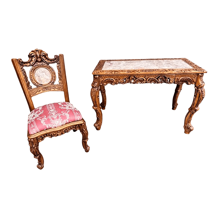 Spanish Baroque Style Heavily Carved Desk and Chair Set With Marble Inserts - Circa 1990 - Thumbnail 2