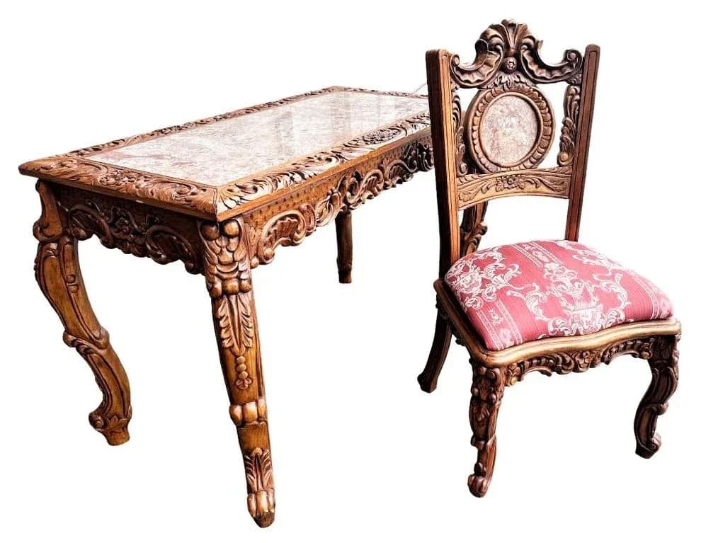 Spanish Baroque Style Heavily Carved Desk and Chair Set With Marble Inserts - Circa 1990 - Thumbnail 7