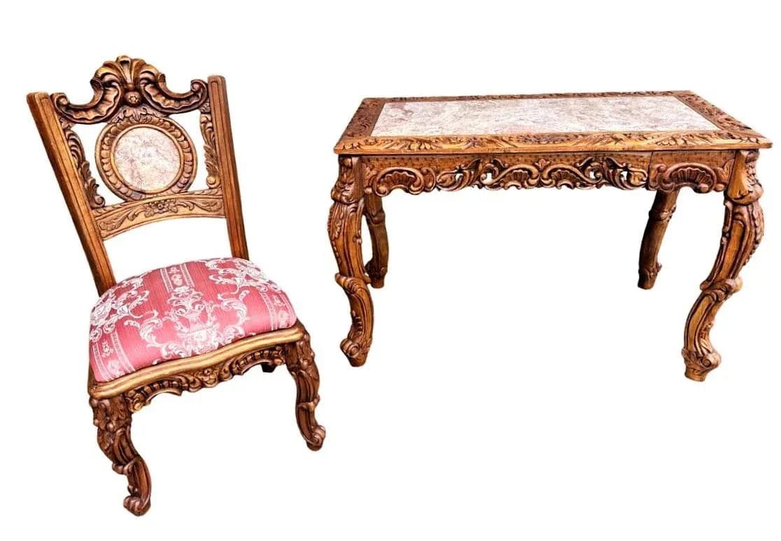 Spanish Baroque Style Heavily Carved Desk and Chair Set With Marble Inserts - Circa 1990 - Thumbnail 12