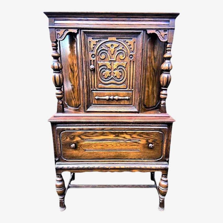 Antique Spanish Revival Solid Oak Liquor Cabinet or Linen Press - Early 20th Century - Image 1