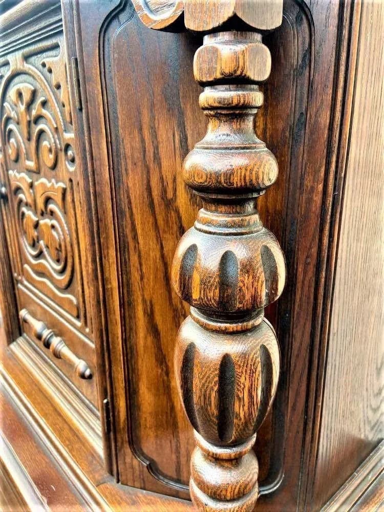 Antique Spanish Revival Solid Oak Liquor Cabinet or Linen Press - Early 20th Century - Thumbnail 4
