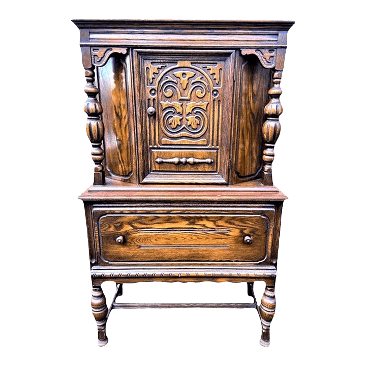 Antique Spanish Revival Solid Oak Liquor Cabinet or Linen Press - Early 20th Century - Thumbnail 2