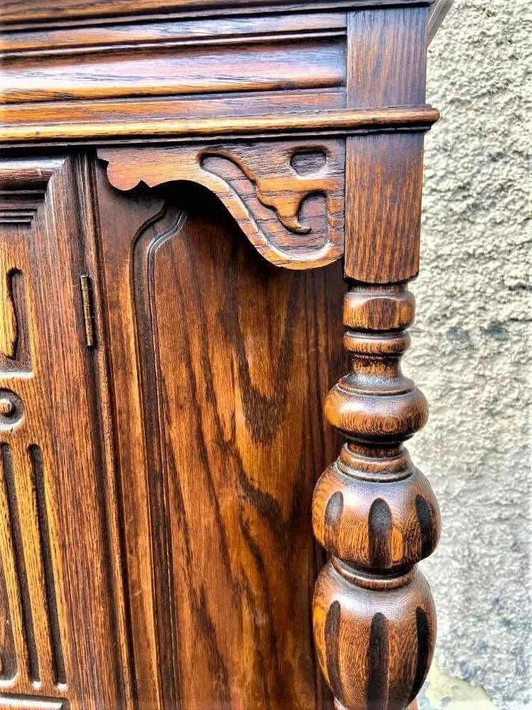 Antique Spanish Revival Solid Oak Liquor Cabinet or Linen Press - Early 20th Century - Thumbnail 5