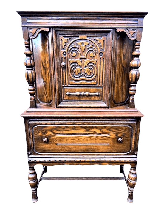 Antique Spanish Revival Solid Oak Liquor Cabinet or Linen Press - Early 20th Century - Thumbnail 11
