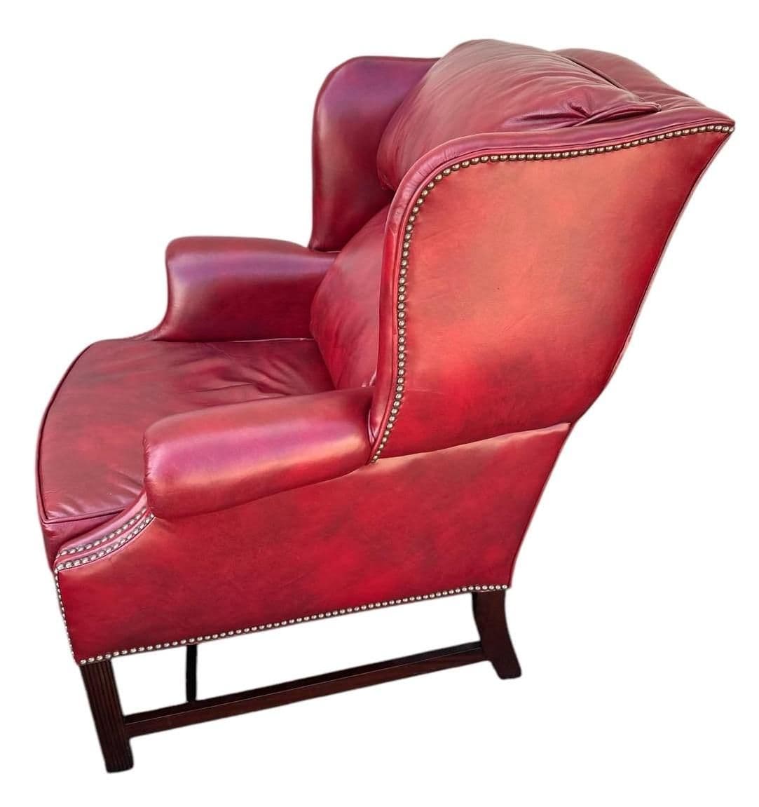 Cherry Red Leather and Mahogany Wingback Chair From St. Timothy of Hickory, North Carolina - Thumbnail 3
