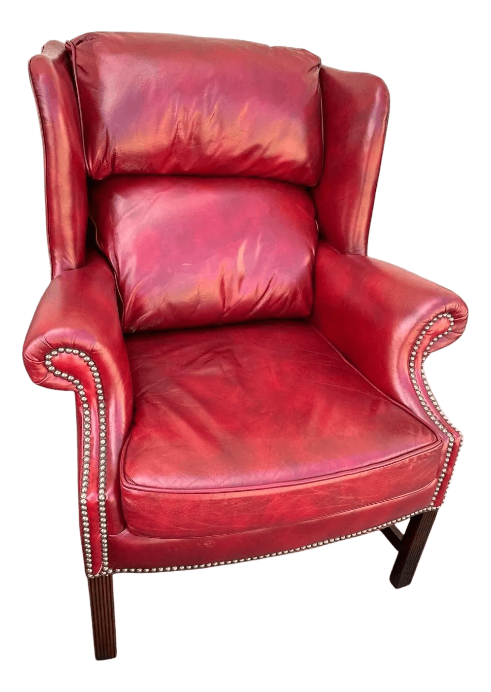 Cherry Red Leather and Mahogany Wingback Chair From St. Timothy of Hickory, North Carolina - Thumbnail 2