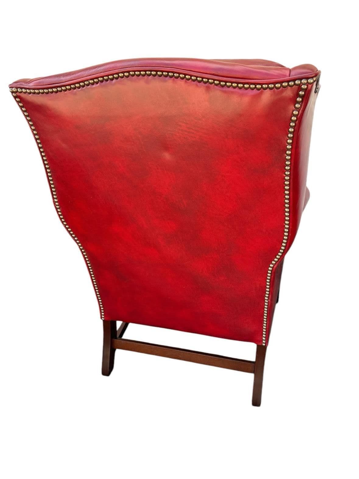 Cherry Red Leather and Mahogany Wingback Chair From St. Timothy of Hickory, North Carolina - Thumbnail 4