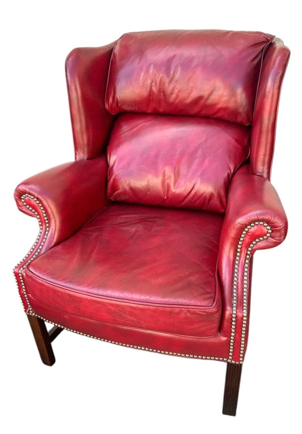 Cherry Red Leather and Mahogany Wingback Chair From St. Timothy of Hickory, North Carolina - Thumbnail 6