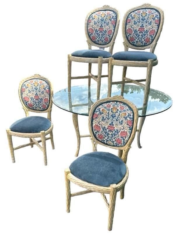 Faux Bois Dining Table and Four Chairs by Andre Originals With New William Morris 'Rose' Linen Upholstery - Vintage Late 20th Century - Thumbnail 11