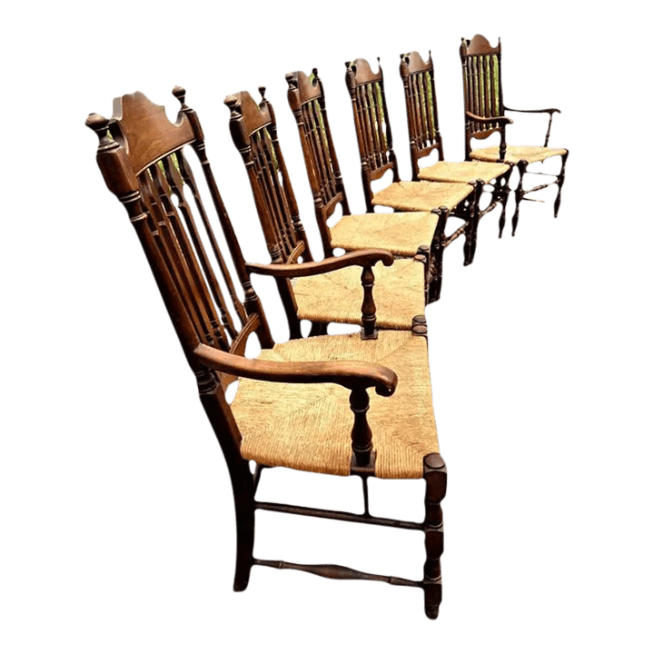 Vintage Solid Walnut and Rush Seat Dining Chairs - Set of 6 With 2 Armchairs - Thumbnail 2