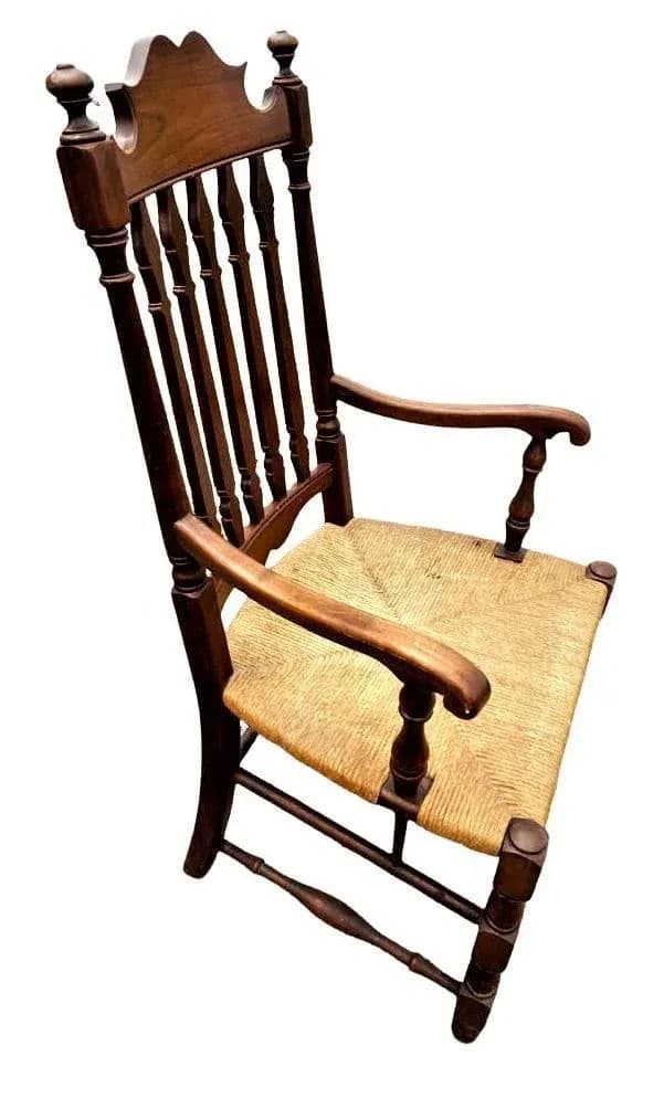 Vintage Solid Walnut and Rush Seat Dining Chairs - Set of 6 With 2 Armchairs - Thumbnail 6