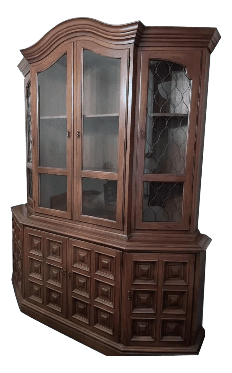 Drexel Esperanto Walnut Spanish Style Breakfront China Cabinet Made in 1967 - Thumbnail 2