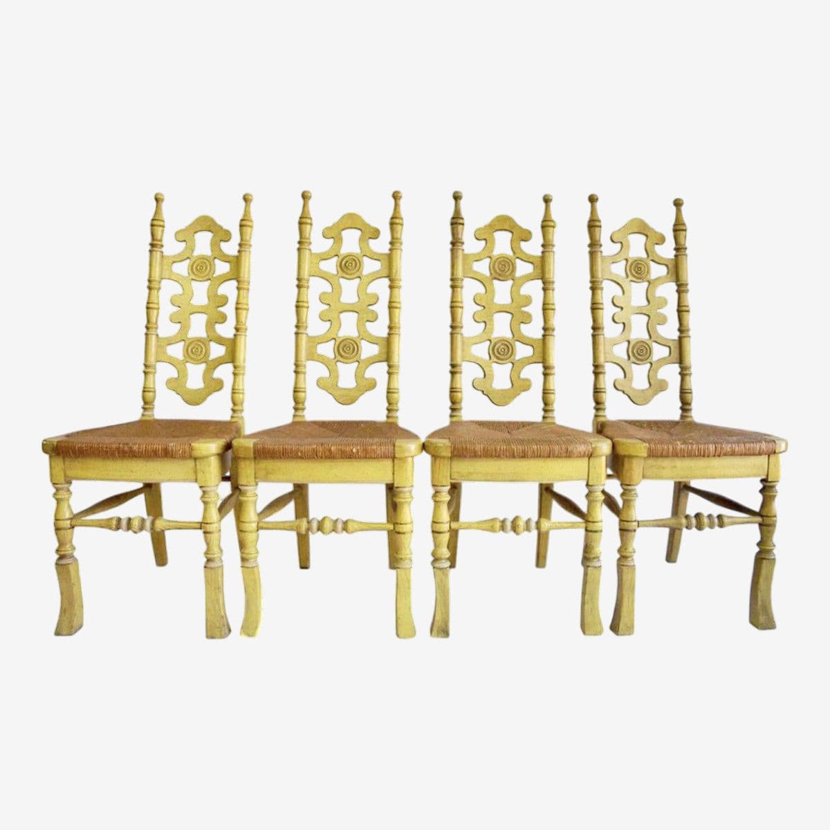 Thomasville Mid-Century Vintage Spanish Revival Oak Dining Chairs With Rush Seats and Distressed Yellow Paint - Set of 4 - Image 1