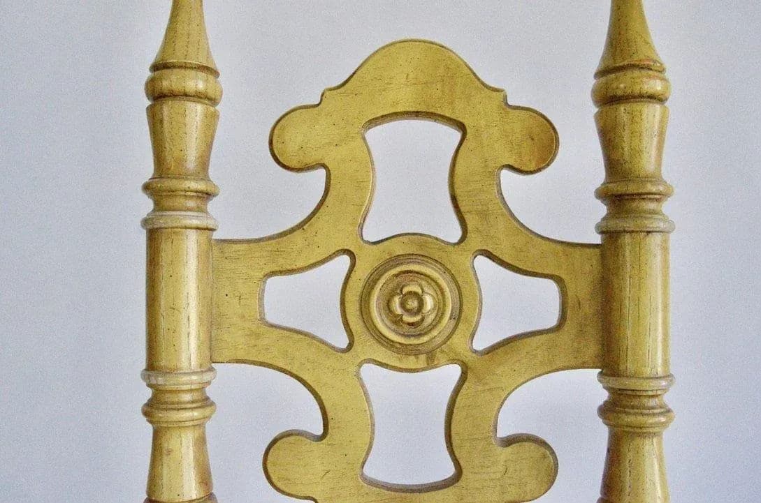 Thomasville Mid-Century Vintage Spanish Revival Oak Dining Chairs With Rush Seats and Distressed Yellow Paint - Set of 4 - Thumbnail 3