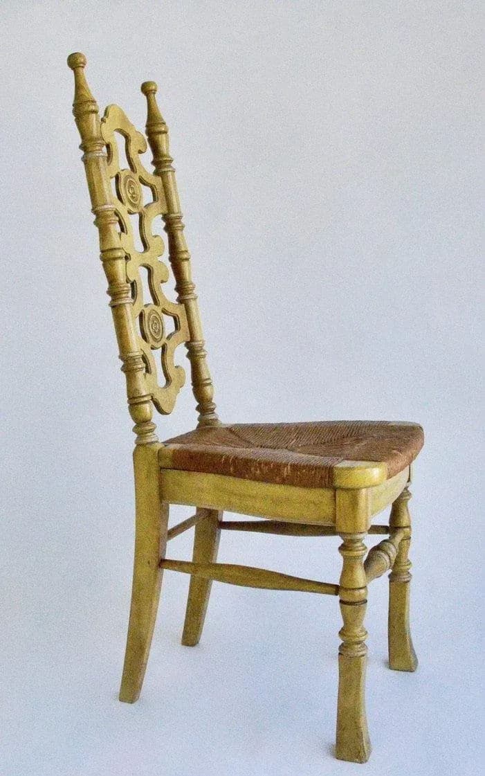 Thomasville Mid-Century Vintage Spanish Revival Oak Dining Chairs With Rush Seats and Distressed Yellow Paint - Set of 4 - Thumbnail 6