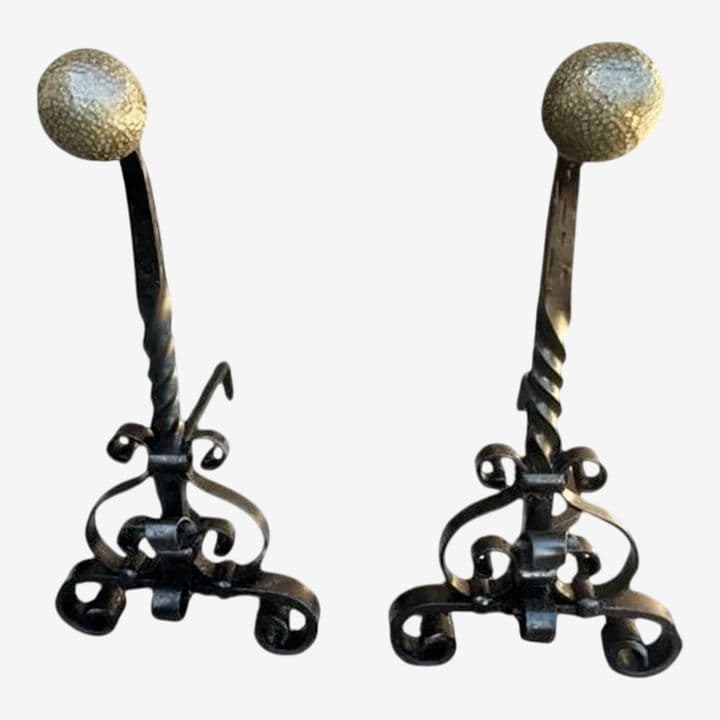Massive 31" High Antique Arts & Crafts Pair of Andirons - Wrought Iron and Brass - Late 19th Century - Image 1