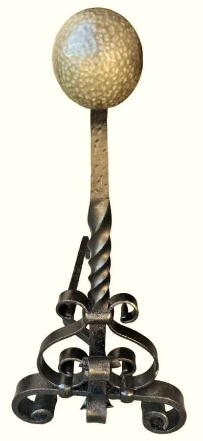 Massive 31" High Antique Arts & Crafts Pair of Andirons - Wrought Iron and Brass - Late 19th Century - Thumbnail 3