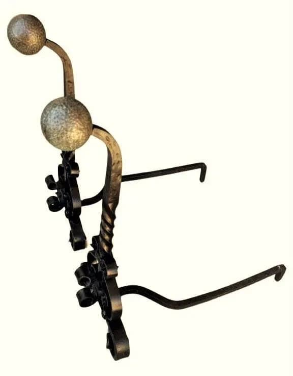 Massive 31" High Antique Arts & Crafts Pair of Andirons - Wrought Iron and Brass - Late 19th Century - Thumbnail 4
