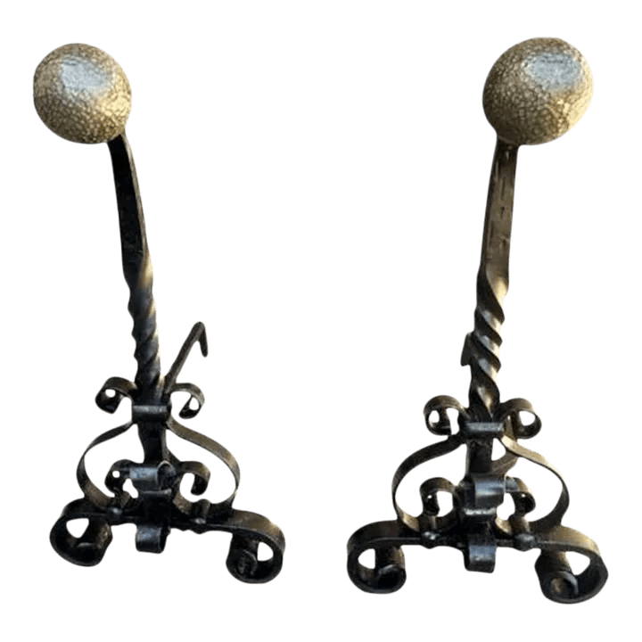 Massive 31" High Antique Arts & Crafts Pair of Andirons - Wrought Iron and Brass - Late 19th Century - Thumbnail 2