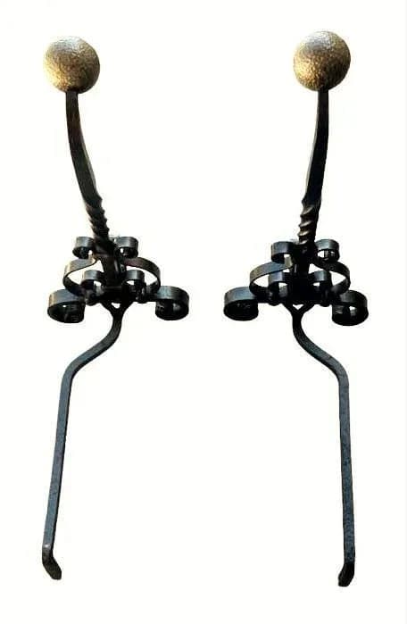 Massive 31" High Antique Arts & Crafts Pair of Andirons - Wrought Iron and Brass - Late 19th Century - Thumbnail 6