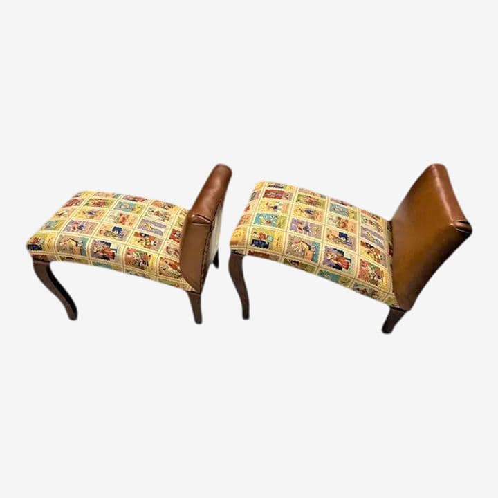 Mexican Loteria Fabric and New Leather Upholstery on Antique Footstools - a Pair - Image 1